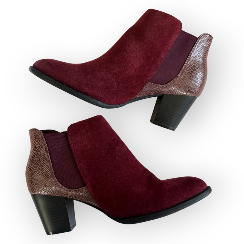 Vionic Anne Boots Burgundy Red Suede & Animal Print Booties